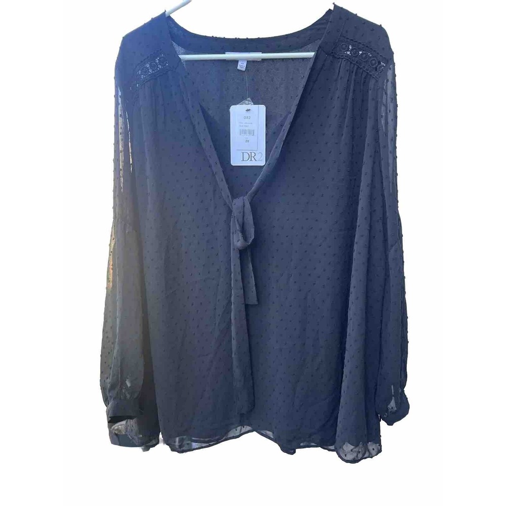 DR2 Womens Peasant Blouse‎ Black Sheer Long Sleeve Smocked Boho 2X New
